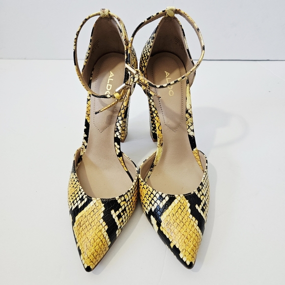 Aldo Nicholes Snakeskin Heels Size 6 Yellow Ankle Strap Block Heel EUC - Picture 3 of 6